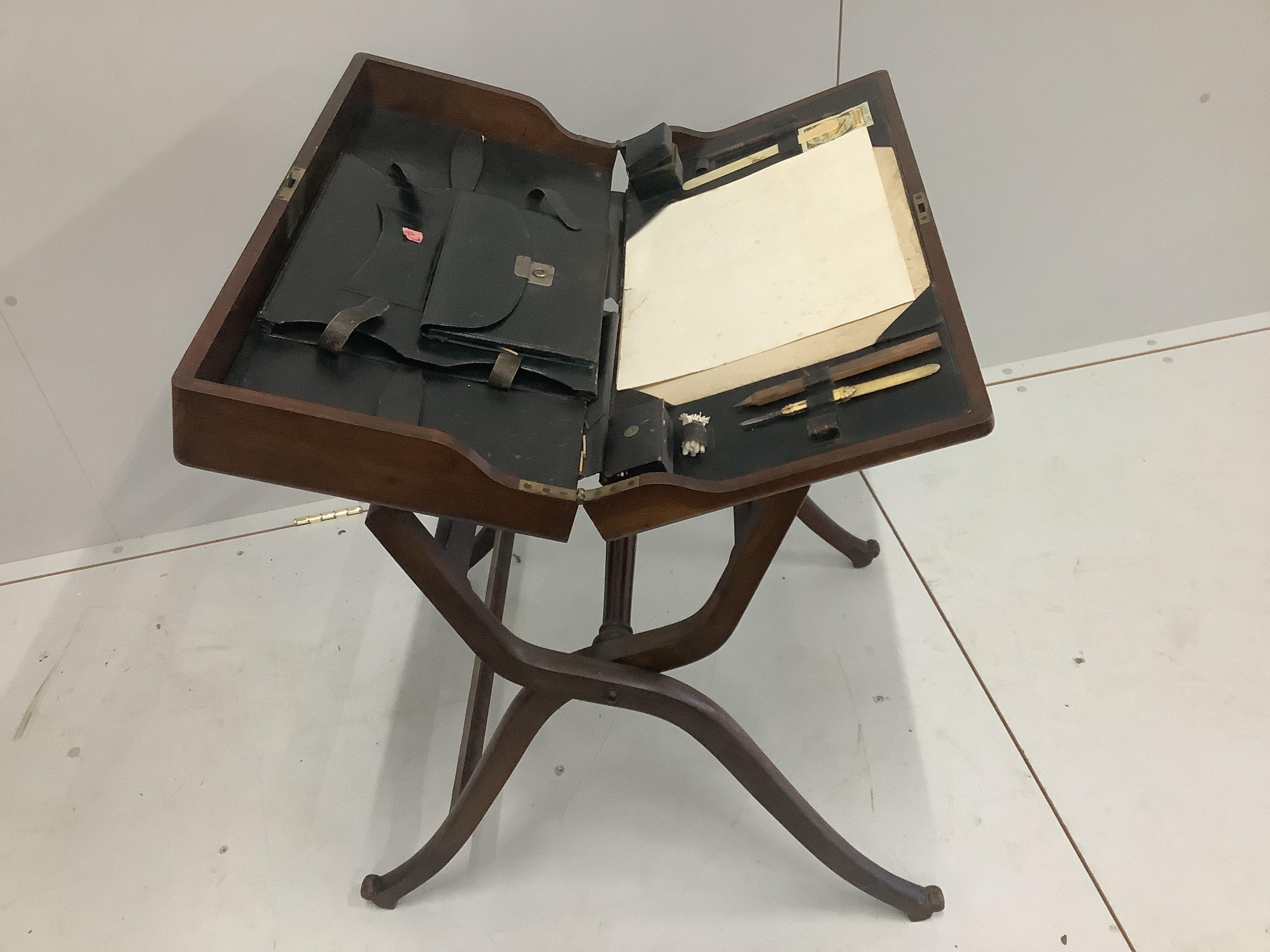 A late Victorian mahogany travelling artist's / draughtman's table with fitted leather lined interior, width 62cm